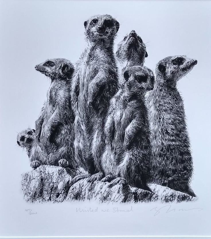 Limited edition print of Meerkats "United we Stand" by renowned wildlife artist Leon Evans